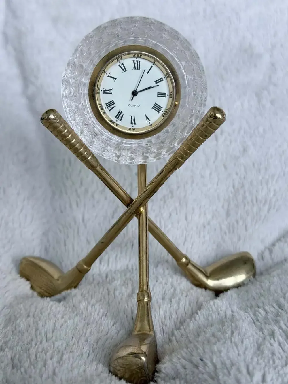 Vintage Crystal Golf Ball Quartz Desk Clock on Brass Golf Club Stand